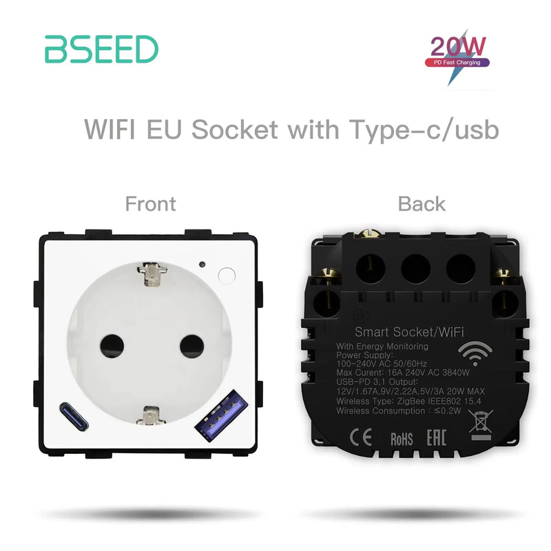 BSEED Matter Touch Light Switch Part Glass Panel Only Smart Switch Work With Tuya Smart Life APP EU Socket Outlets Module