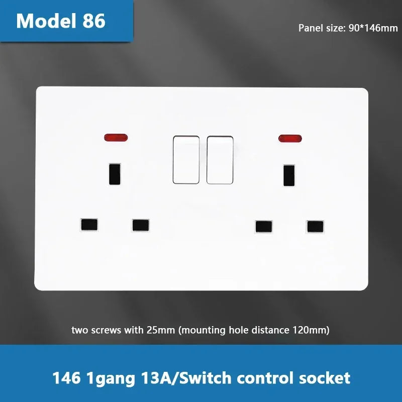 UK Standard Power Socket 13A Dual USB Plug Type-C Wall Outlet,1/2/3gang 2way Switch, White Universal 5pin Wall electrical socket