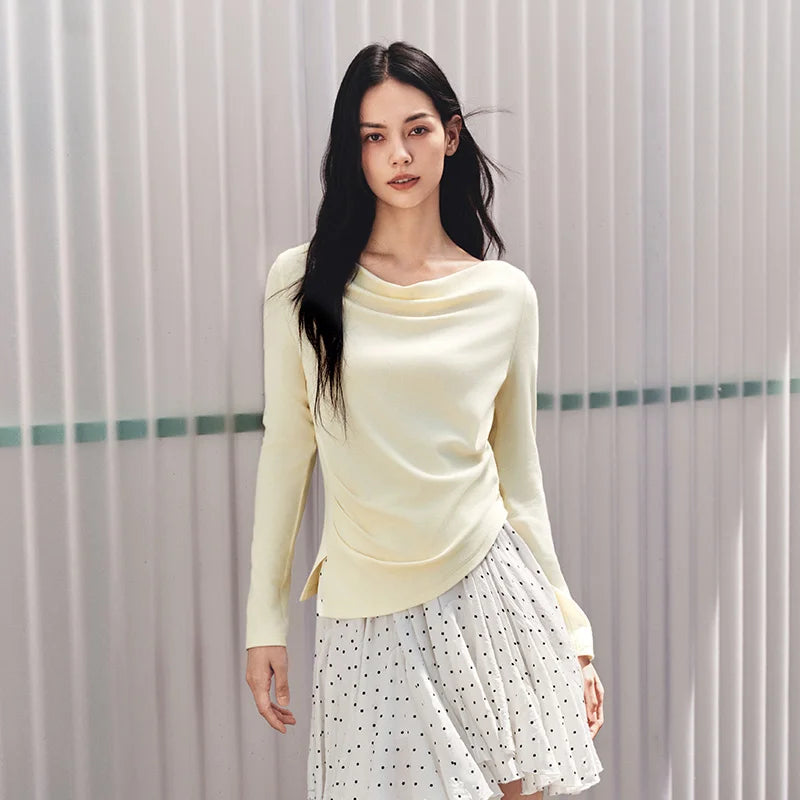 Semir Women Tshirt Long Sleeve Short Cowl Neck Ruched Irregular Slim Fashion Casual Autumn Top Street Wear 2026