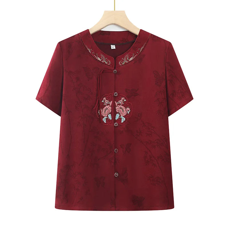 Chinese-style Women's V-neck Short-sleeve Shirts, Summer Single-breasted Embroidered Shirt, Available in Red, Purple, and Green.
