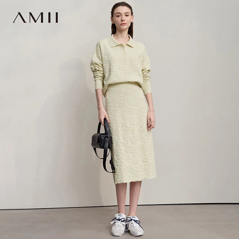 AMII Women's Sweater 2026 Autumn New Knitted Top Long Sleeves Ladies Clothing Midi Skirt Solid Color Sweater Separately 12543068