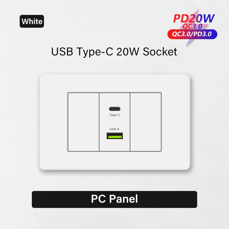 Korea Chile standard 20W Super Fast smart Charge Type C USB Port Power Wall Socket Plug,118*73mm Quick Charge electrical Outlet