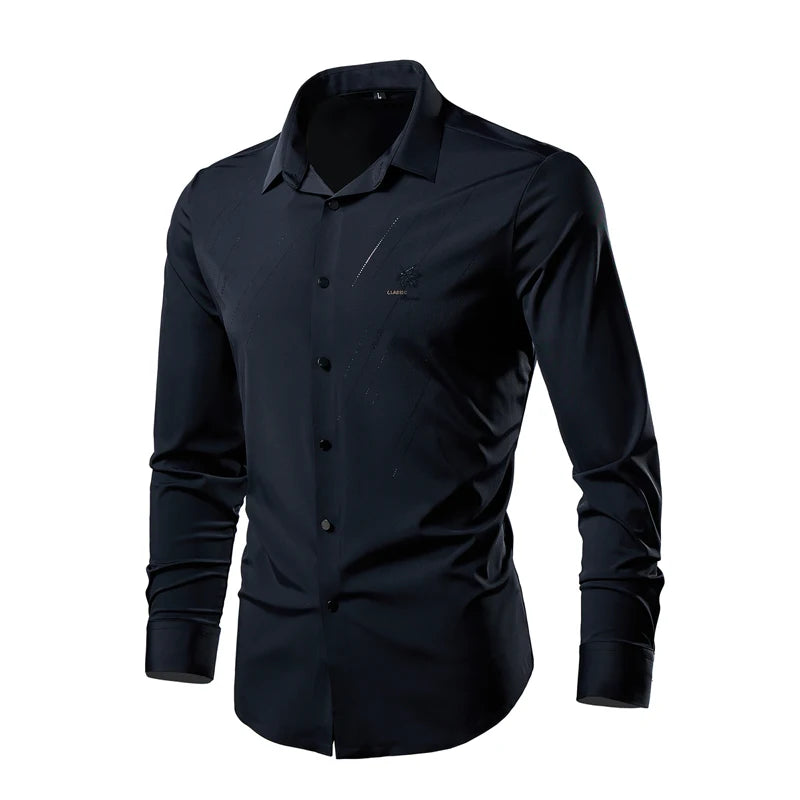 2026 New Men's Black Long Sleeve Shirt, Single Breasted Square Collar Stretch Shirts, White Blue Red Blouse, Asian Size M-6XL