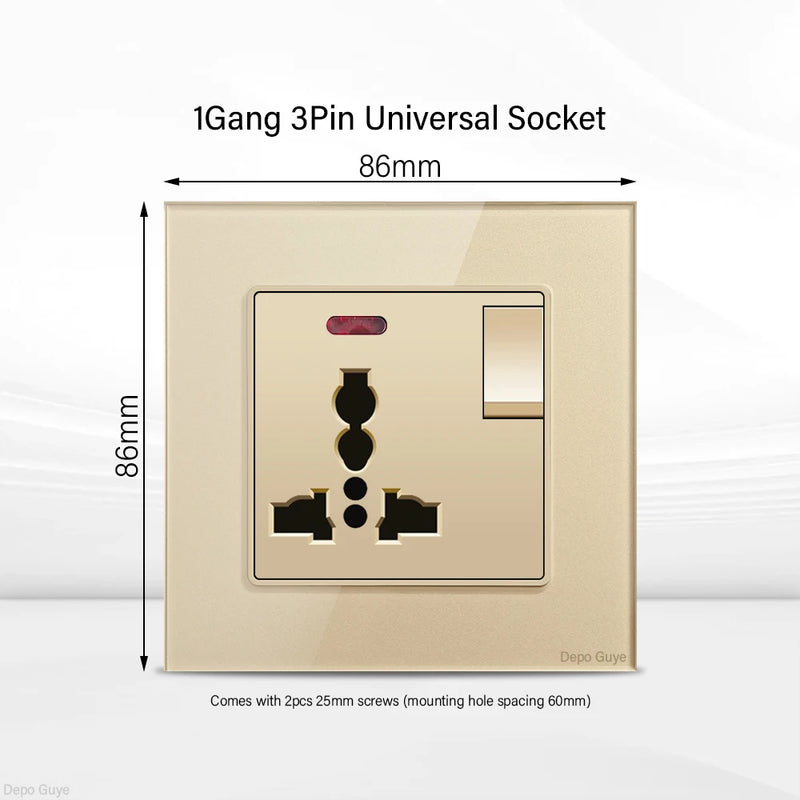 Gold UK 13A Tempered Glass Dual Socket,Universal Power Outlet With USB Type C 18W Quick Charge,Home Light Electric Switch Panel