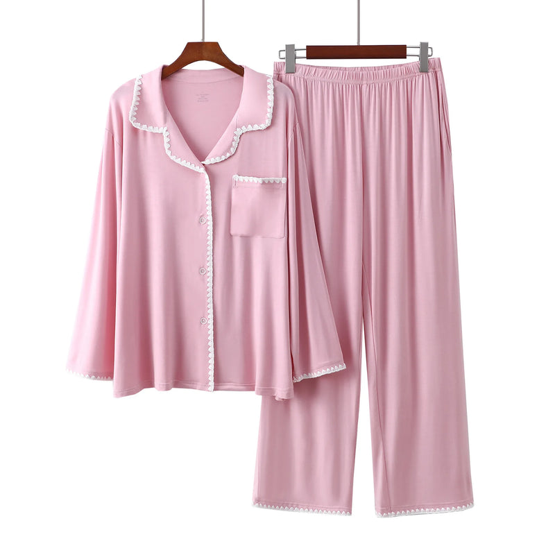 New Embroidery Modal Long Sleeved Spring Autumn Pajamas For Women Sleepwear Trousers Sets High Quality Women's Home Clothes