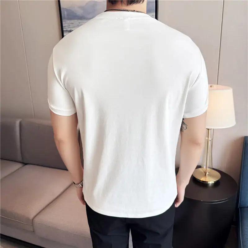 Men's Cotton T-Shirt - Summer Slim Fit Floral Embroidered Tee | 95% Cotton Stretch Crew Neck Casual Top for Youth