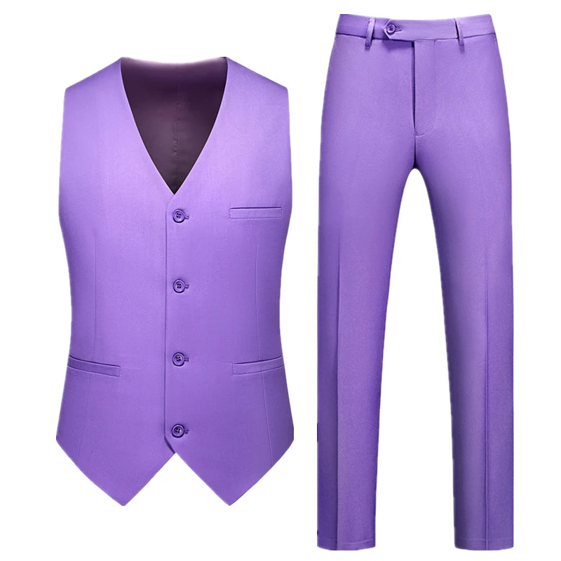 2026 Men's Bright Red V-Neck Sleeveless Vest with Pants, Green Gray Black White Purple Waistcoat and Trousers Asian Size Sets
