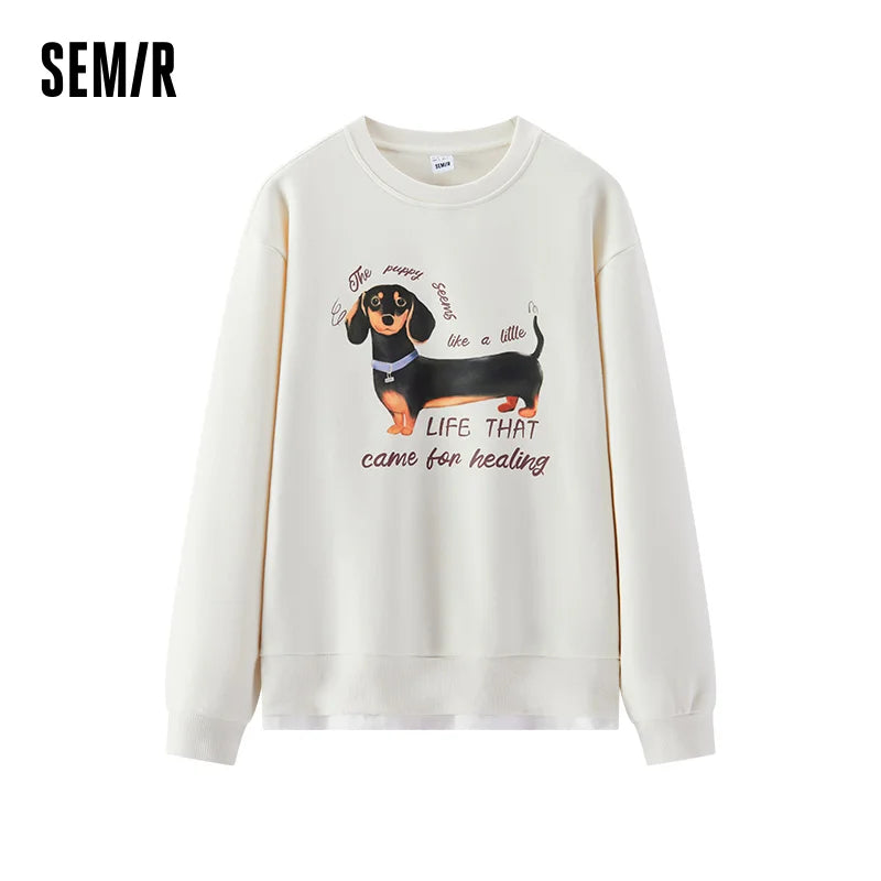 Semir Women Sweatshirt Fleece Lined Layered Look Dog Graphic Mid Length Urban Casual Style 2026 Winter Warm Layer Everyday Wear