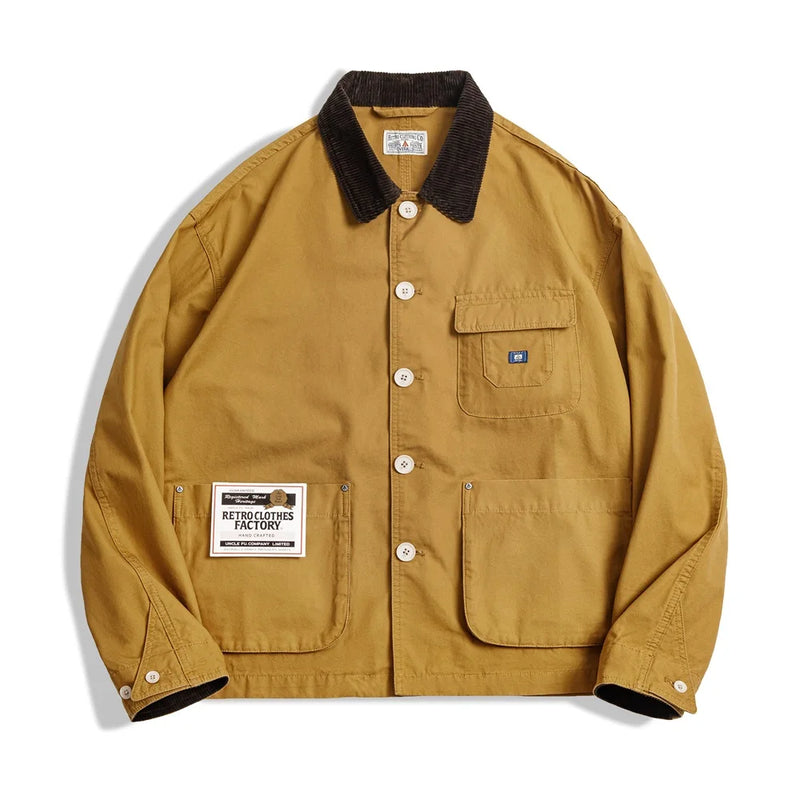 អាវក្រៅ Maden ថ្មីរបស់អាមេរិក Retro Hunting Lapel Plus Size Short Jackets Men's Outwear Spring and Autumn Brand Clothing