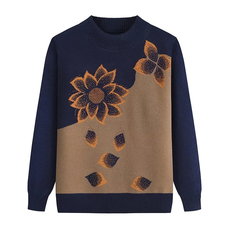 Winter Clothes Grandma Pullover Knitted Sweater Thick Middle-Aged Elderly Mother Bottoming Shirt Velvet Long Sleeve Top Women