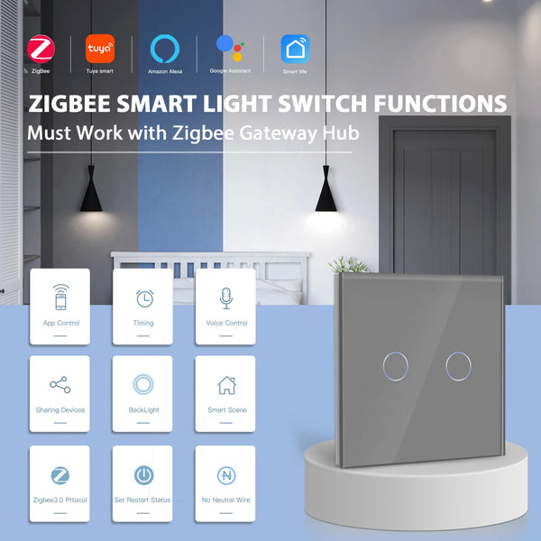 BSEED Zigbee Smart Switch 1/2/3Gang 1/2/3Way Smart Touch Light Switch ដំណើរការជាមួយ Tuya Smart Life ភ្លើងក្រោយពណ៌ខៀវ គ្មានខ្សែអព្យាក្រឹត