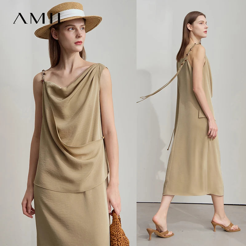 AMII Minimalist Solid Summer Camisole Dress Women New 2026 Sling Collar Pleated Sleeveless Loose Dresses Female Fashion 12552040