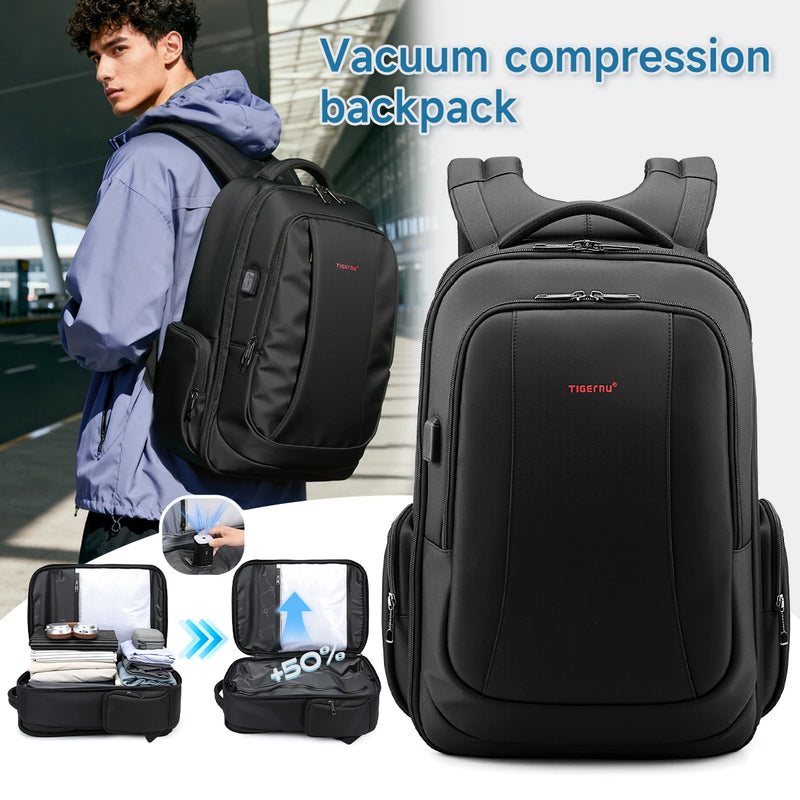 Tigernu School Backpack Men Large Travel Backpack For Vacuum Compression Backpack 15.6 17inch Bags USB Port Student Backpack Bag