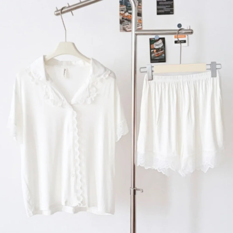 Lapel Short-Sleeved Home Suit for Nightwear Solid Color Loungewear Set Modal Summer Two Piece Pyjama Set Loose Homewear Suit