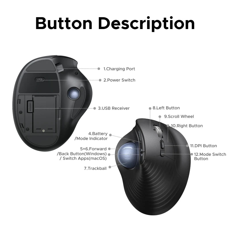 UGREEN Vertical Trackball Mouse Bluetooth Rechargeable 2.4G Wireless 65° Ergonomic Silent Mice for Windows MacOS IPadOS  Android
