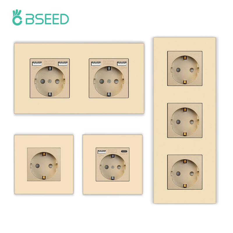 BSEED EU Single Wall Sockets Double 5V 2.1A USB Socket Phone Charge Triple Power Plugs With Plastic Panel Four Frame Outlets