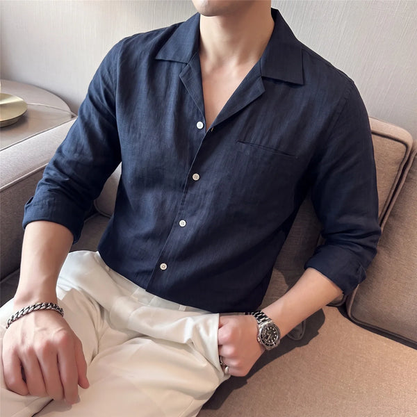 100% Linen Cuban Collar Long Sleeve Shirt - Breathable, Skin - Friendly & Fade - Resistant Casual Top for Men