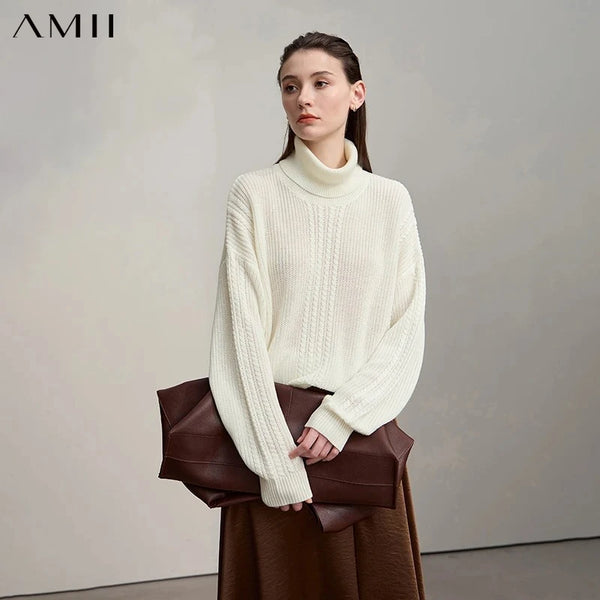 AMII Women's Sweater 2026 Winter New Warm Commuter Versatile Turtleneck Sweaters For Women Retro Long Sleeve Knitwear 12544112