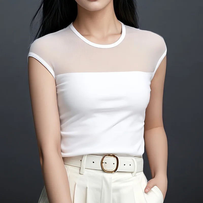 Mesh Splicing Fixed Breast Pad T-shirt for Women's Summer Slim Short-sleeved Bra Sleepwear Top One Piece Nightwear Pajamas