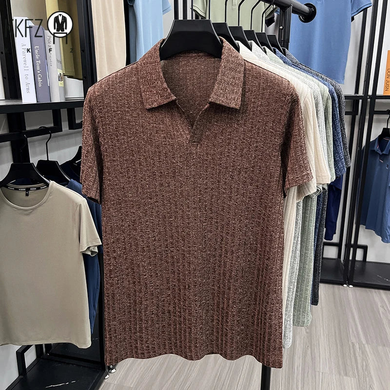 Men's Knitted Polo T Shirt Short Sleeve Ribbed Striped Design Breathable Fabric Lightweight Casual Business Summer Top