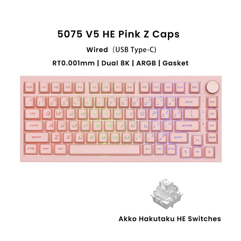 Akko Hall Effect Magnetic Keyboard 5075 V5 75% RT0.001mm 8K USB Type-C/2.4g&BT5.0 Wireless ARGB Custom Gamer Keyboard Gasket