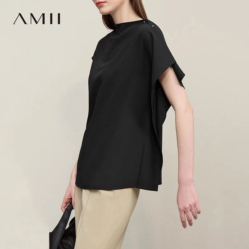 អាវស្រី Amii រដូវក្តៅឆ្នាំ ២០២៦ កអាវថ្មីដៃអាវមិនស្មើគ្នា អាវក្រណាត់ chiffon រឹង រលុង ឆើតឆាយ 12642064