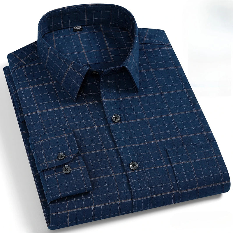 Men's Black Long-sleeve Plaid Shirt for Spring and Fall; Wrinkle-resistant, Quick-drying, Casual Stretch Shirt. White,Gray,Blue.