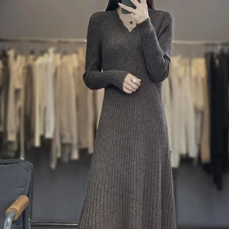 Knitwear Woman Clothes New Elegant Long Sweater Dress Slim V Neck Pullover Jumper Spring Autumn Woolen Dresses Female Bottom