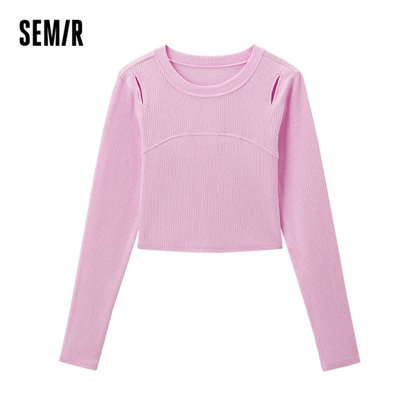 Semir Bottoming Shirt Women Sweet and Cool Hollowed-out Slimming Inner Layer Short Style Spring Solid Color Top Wearable Outside