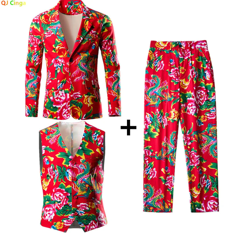 Men's Red Three-piece Suit for Spring and Fall; Red Printed Cotton Jacket and Vest Paired with Trousers for Weddings Parties.