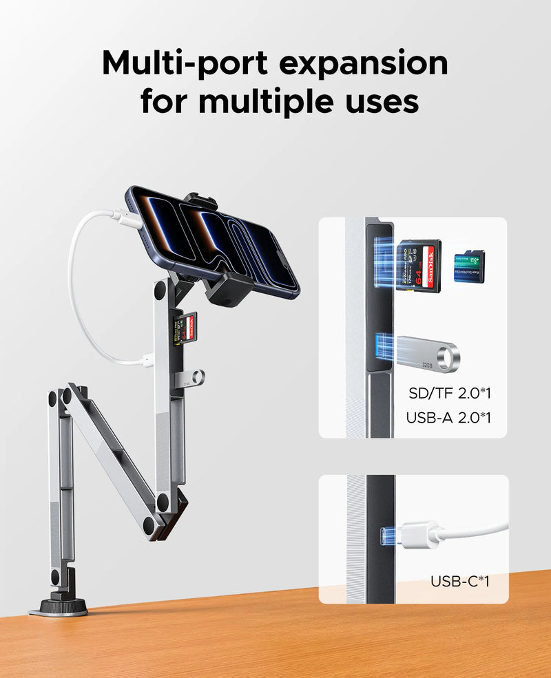 ORICO Clamp On Mechanical Arm Stand 360° Rotatable Foldable with SD TF USB-A 2.0 Interface for Tablet and Phone