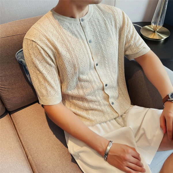 Men's Linen Blend Short Sleeve Knit Cardigan – Breathable Hollow-Out Stand Collar Top with Relaxed Fit for Casual & Outdoor Wear