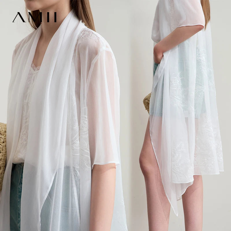 Amii Minimalism Vacation Chiffon Shirt 2026 Summer New Office Lady Thin Loose Transparent Embroidery Floral Cardigan 12552108