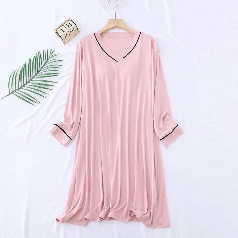 New Comfortable Modal Nightgowns Women Chest Pad Long-Sleeved Nightdress Spring Sleeping Dress Casual V Neck Ladies Nightshirt