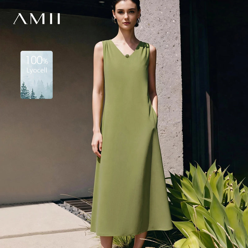 Amii Sleeveless Women's Dress 2026 Summer New Elegant Beaded V-Neck Pocket Loose Fit Solid Color Holiday Long Dresses 12642142