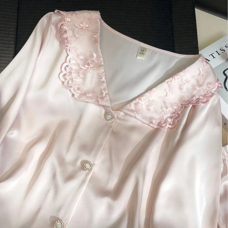 Embroidered Lace Lapel Pajama Sets Ice Silk Long Sleeve Trousers Suit Spring Autumn Women's Sleepwear Pyjama Home Suit For Women
