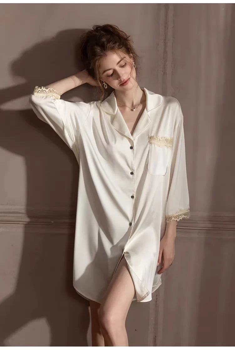 Ice Silk Women's Nightgown Summer Pajamas Dress New Lapel Night Wears for Females Sleeping Clothes Woman One Piece Homewear