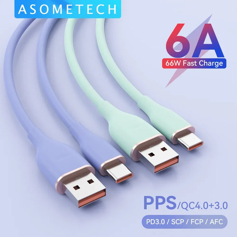 ខ្សែសាក USB C 6A 66W សាកលឿន ខ្សែ USB ទិន្នន័យ ខ្សែស៊ីលីកូនរាវ ប្រភេទ C សម្រាប់ Samsung S21 S20 Huawei Xiaomi iPad OPPO VIVO