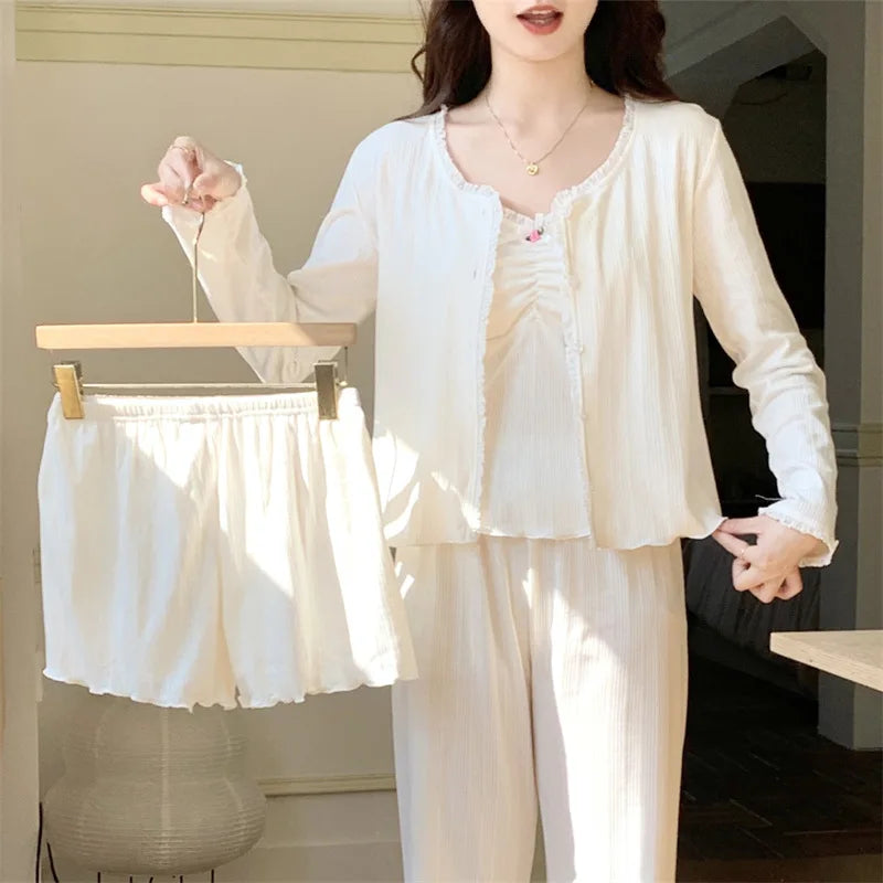 Women’s Loungewear Night Wear for Ladies Nightie Female Clothing Chest Pads Four-piece Pajamas New Spring Autumn Pyjama Pijama