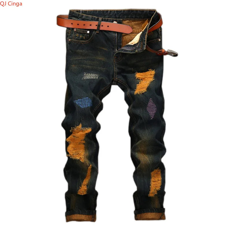 2026 Men's Blue Jeans, Gray Fashion Casual Trousers, Pleated Patchwork Decorative Denim Pants Asian Sizes 29-38, 40, 42.