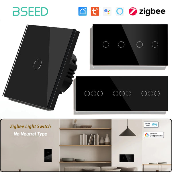 BSEED Zigbee Touch Switch 1/2/3Gang 1/2/3Way Smart Touch Light Switch Support Tuya Smart Life Alexa Control With No Neutral Line