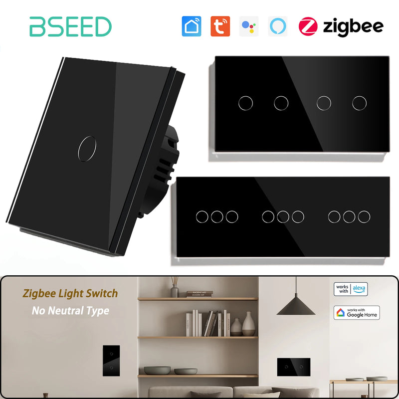 BSEED Zigbee Touch Switch 1/2/3Gang 1/2/3Way Smart Touch Light Switch Support Tuya Smart Life Alexa Control With No Neutral Line