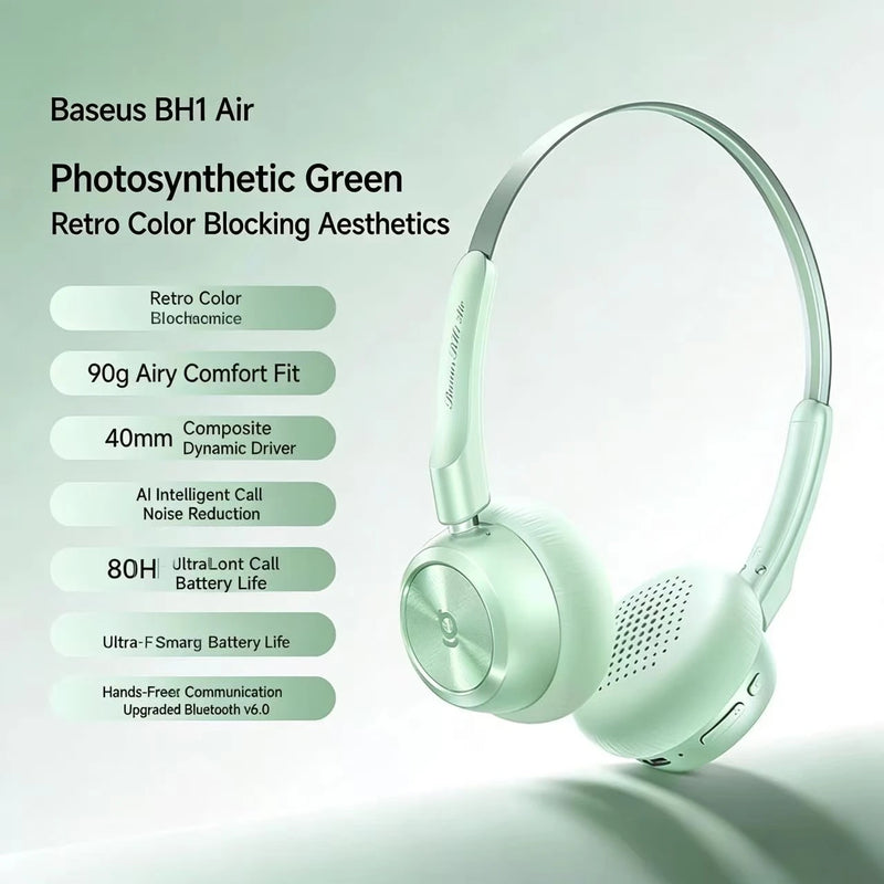កាសស្តាប់ត្រចៀកប៊្លូធូស BASEUS BH1 Air Retro ជាមួយនឹងការកាត់បន្ថយសំឡេងរំខានសកម្មសម្រាប់កុំព្យូទ័រ កាសស្តាប់លេងហ្គេមសម្រាប់អ្នកលេងហ្គេម