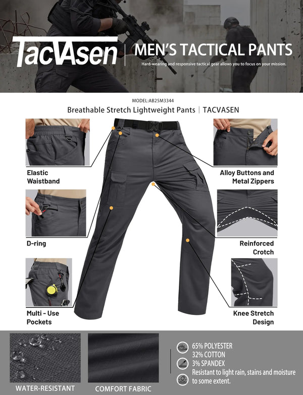TACVASEN Tactical Waterproof And Lightweight Cargo Pants Mens Outdoor Hiking Stretch Ripstop Trousers with 8 Pockets(No Belt)