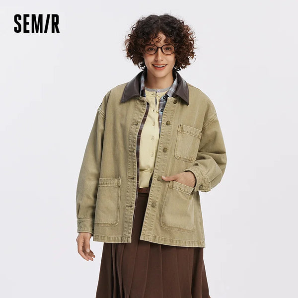អាវក្រៅស្ត្រី Semir ប្រវែងមធ្យម រលុង ស្មាធ្លាក់ កអាវបែប Retro Street រចនាប័ទ្មរដូវស្លឹកឈើជ្រុះ សម្លៀកបំពាក់ខាងក្រៅប្រចាំថ្ងៃ 2026