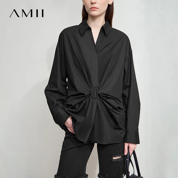 អាវស្រី AMII រដូវស្លឹកឈើជ្រុះឆ្នាំ ២០២៦ អាវដៃវែងឆើតឆាយថ្មី សម្លៀកបំពាក់ស្ត្រី សម្លៀកបំពាក់ធម្មតា ក V រាងផ្នត់ អាវនារី ១២៥៥៣០៤១
