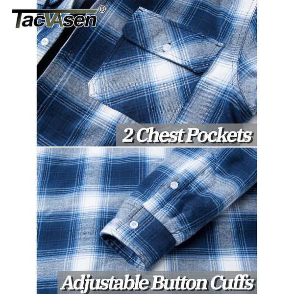TACVASEN Men's Cotton Flannel Shirt Button Down Plaid Shirts with Hood Quilted Lined Casual Shacket Mens Winter Heavy Shirt New