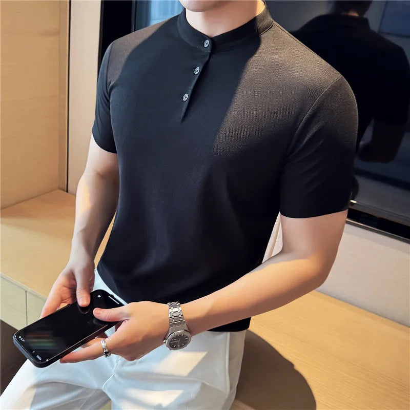 2025 New Men's Army Green Henley Polo Shirt – Summer Thin-style Breathable Short-Sleeve T-Shirt (Black/Beige/Gray, Sizes M-3XL)