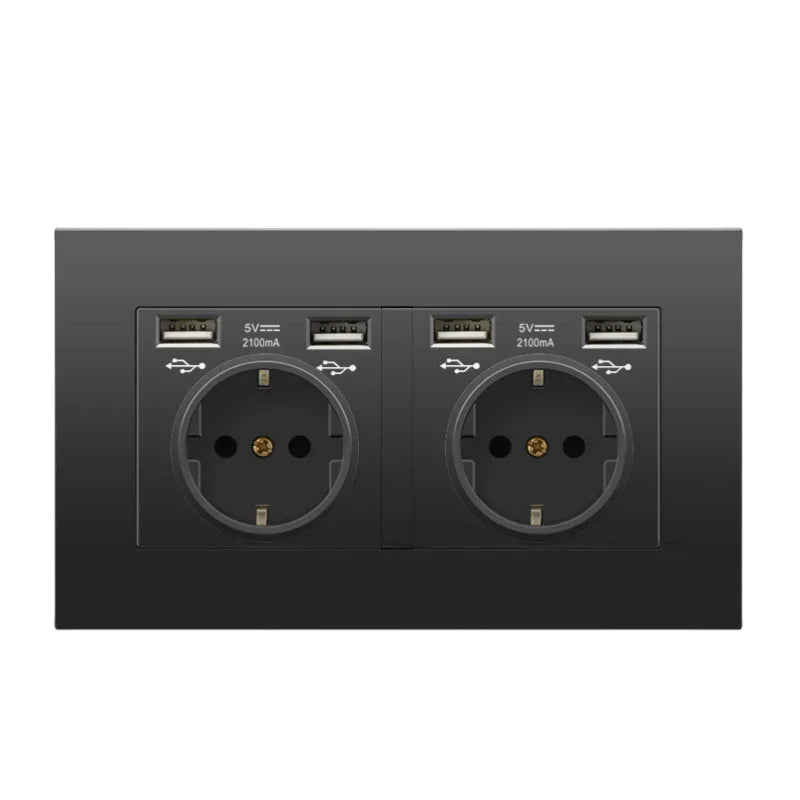 Black PC European Standard Dual 16A Wall Socket with Usb Charging Port, USB Plug Adapter 220V Power Socket Strip 146mm*86mm