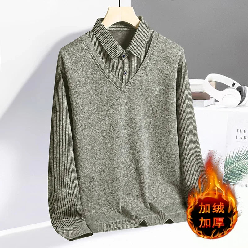 Daily Versatile Men Pullover Fake Two Piece Construction Vertical Stripe Sleeves Lapel Collar Subtle Embroidered Logo